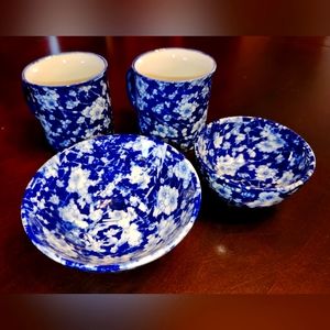 Vintage "Calico" Blue and White Floral Mugs and Bowls, Chelsea Art Pottery China
